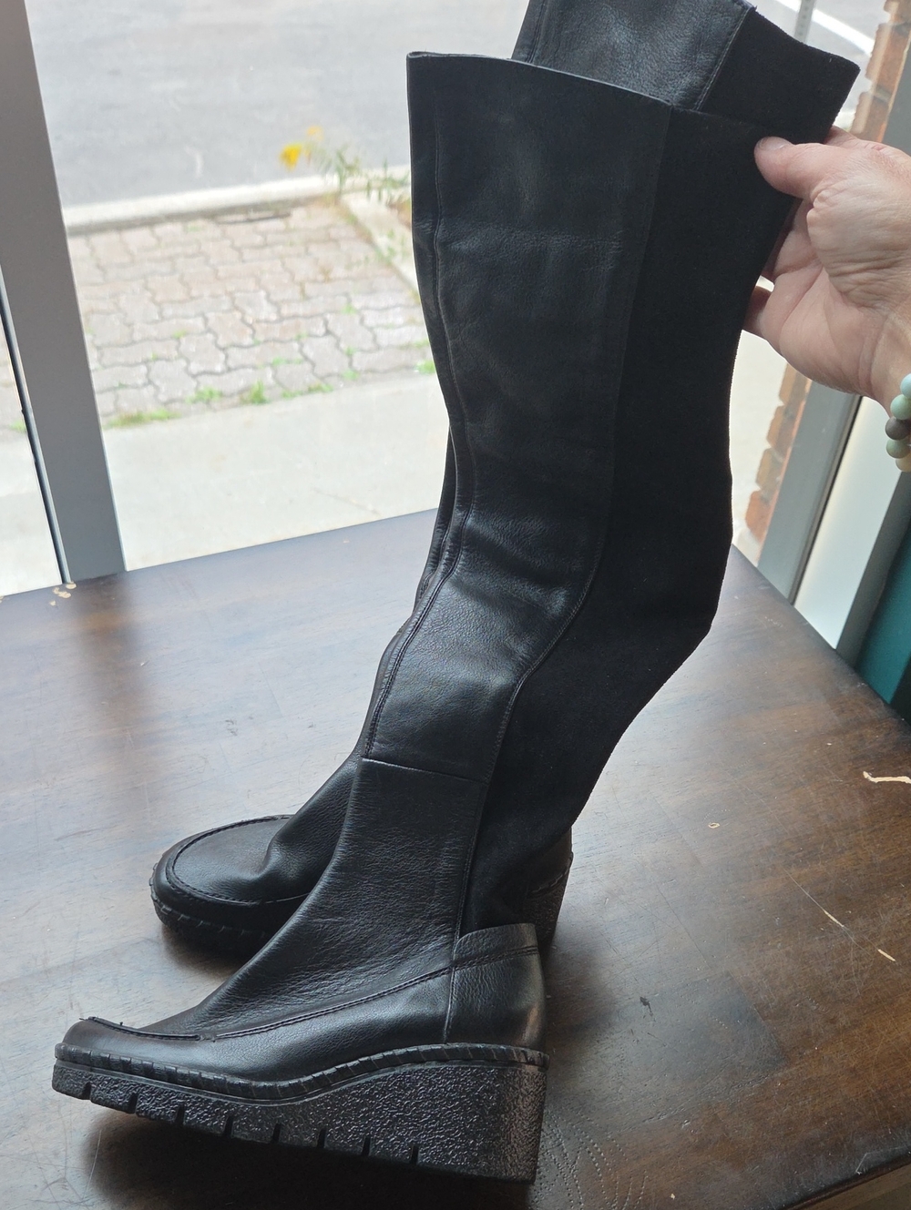 Geox Size 5 Women's Black Wedge Over The Knee Boot - Sleek Leather and Suede NEW